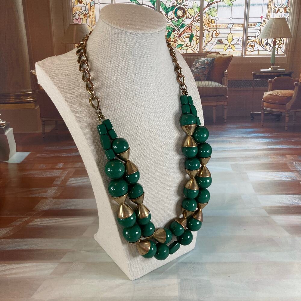 0042 Y2K K. Amato Chunky Two-Layer Green and Gold Tone Acrylic Beaded Necklace - Picture 2 of 6